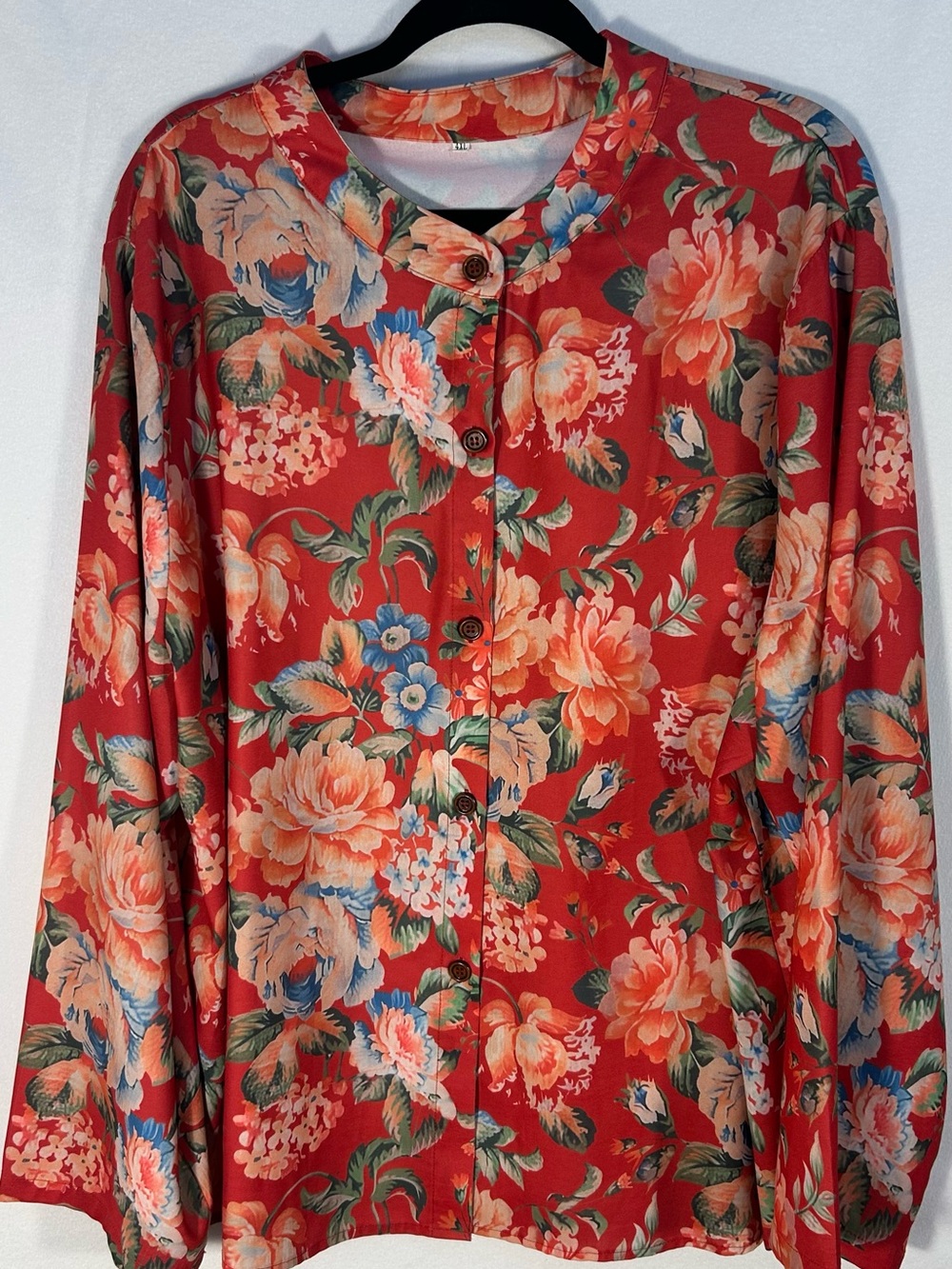 Floral Button-Front Red Blouse with Mandarin Collar